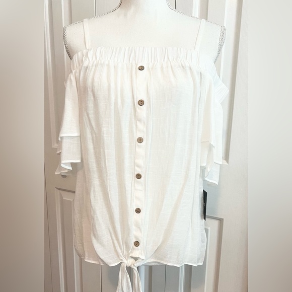 By&By Gauze Off-The-Shoulder Flutter-Sleeve White Top Sz L - Picture 2 of 6